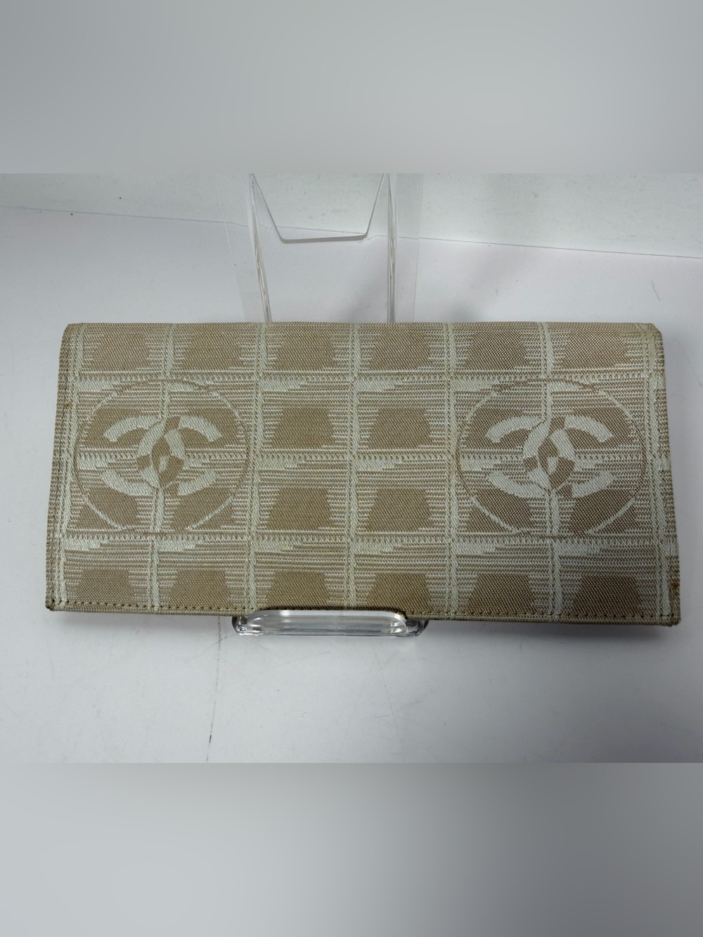 1270: Chanel Travel Line CC Logo Jacquard Beige Continental Wallet